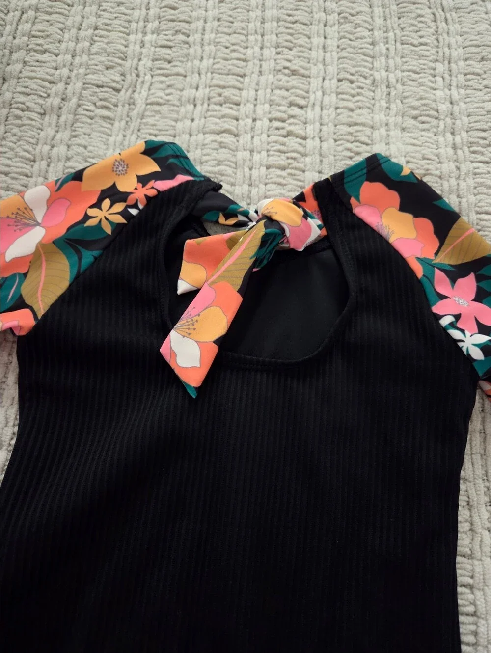 Volcom Girls Black Rashguard Set with Pink & Green Floral Sleeves